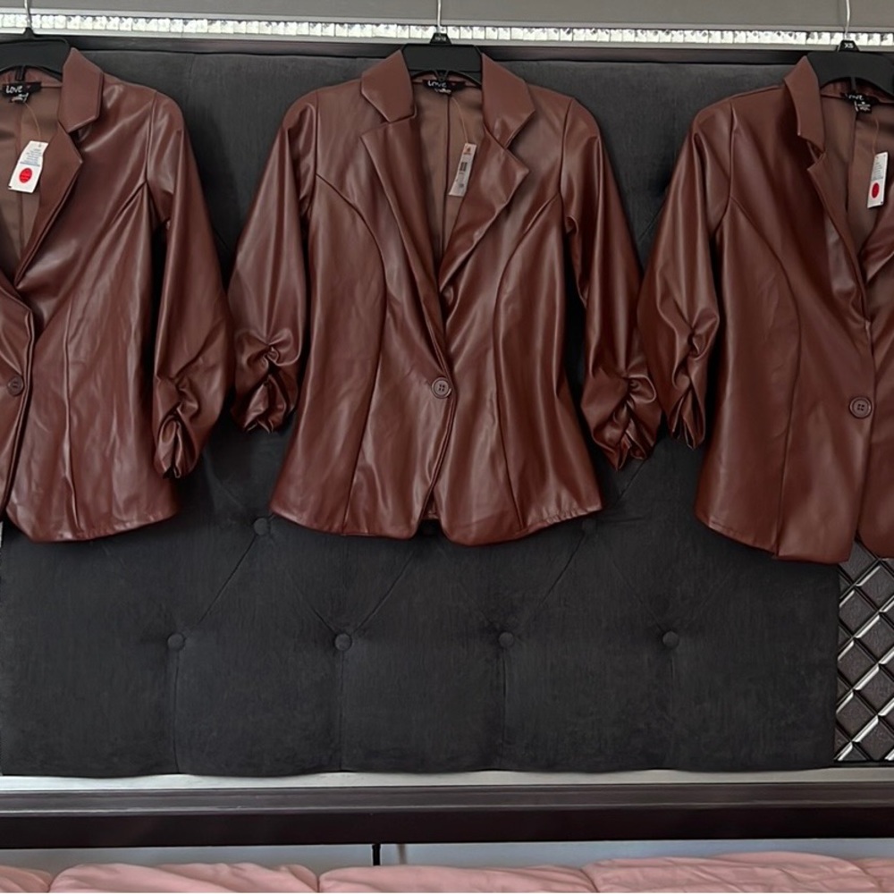 Button Front Faux Leather Blazer - Mocha